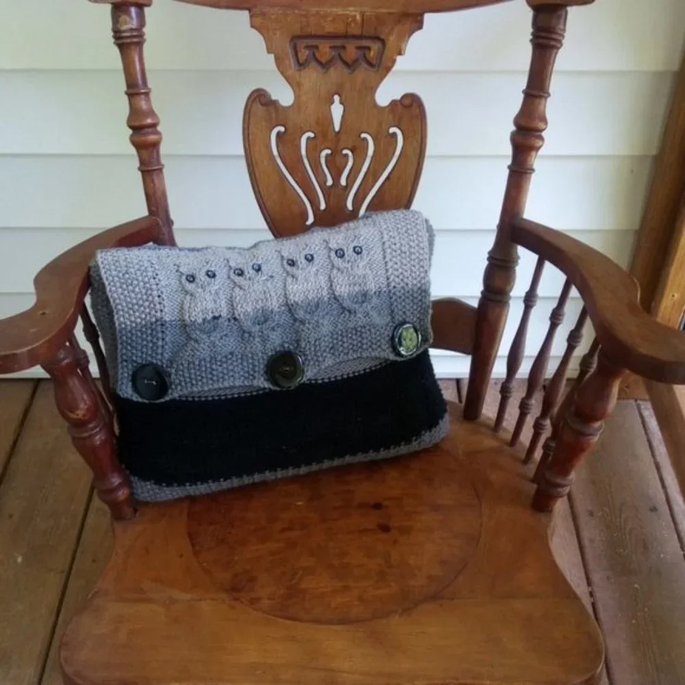 Hand Crafted Knit Throw Pillow Black & Gray Ombre Owl Designer Sofa Couch